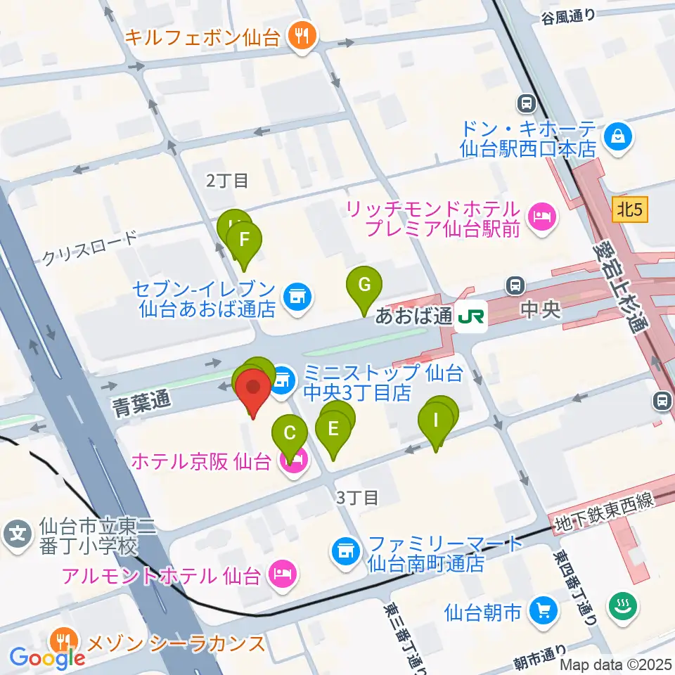 シアーミュージック仙台校周辺のファミレス・ファーストフード一覧地図