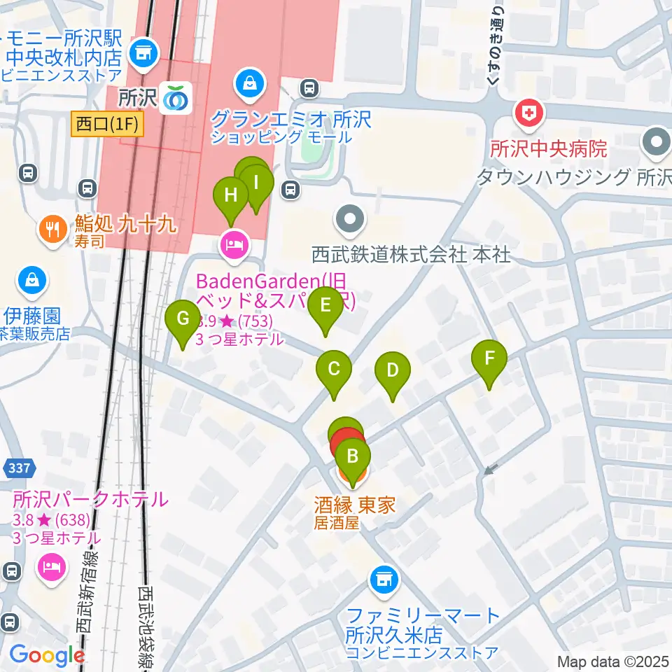 シアーミュージック 所沢校周辺のファミレス・ファーストフード一覧地図