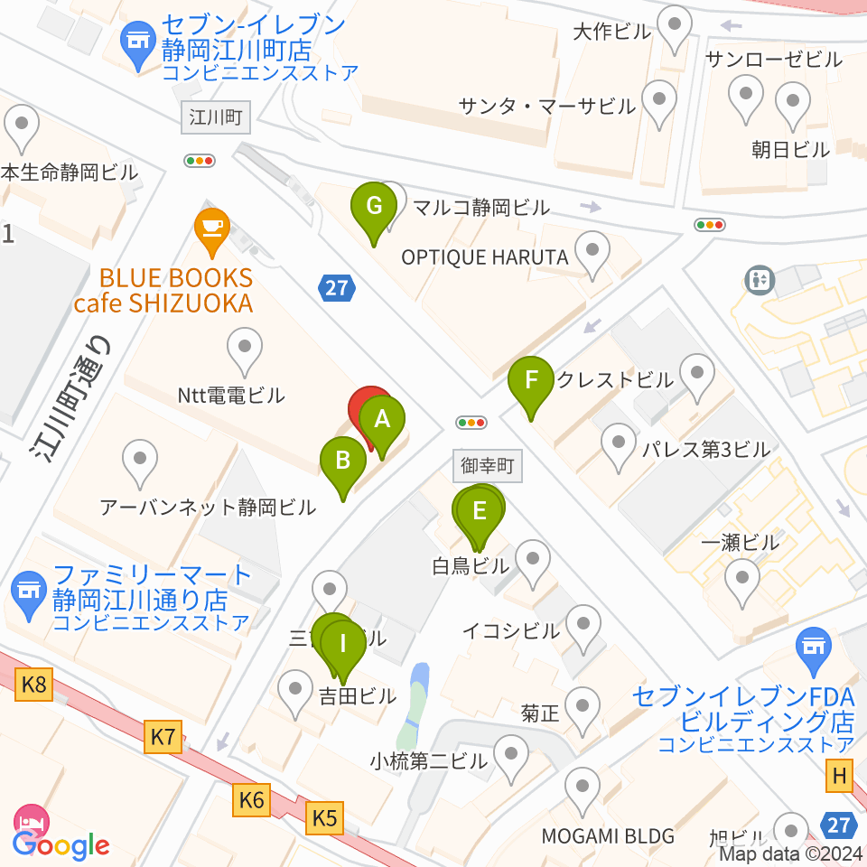 シアーミュージック 静岡校周辺のファミレス・ファーストフード一覧地図