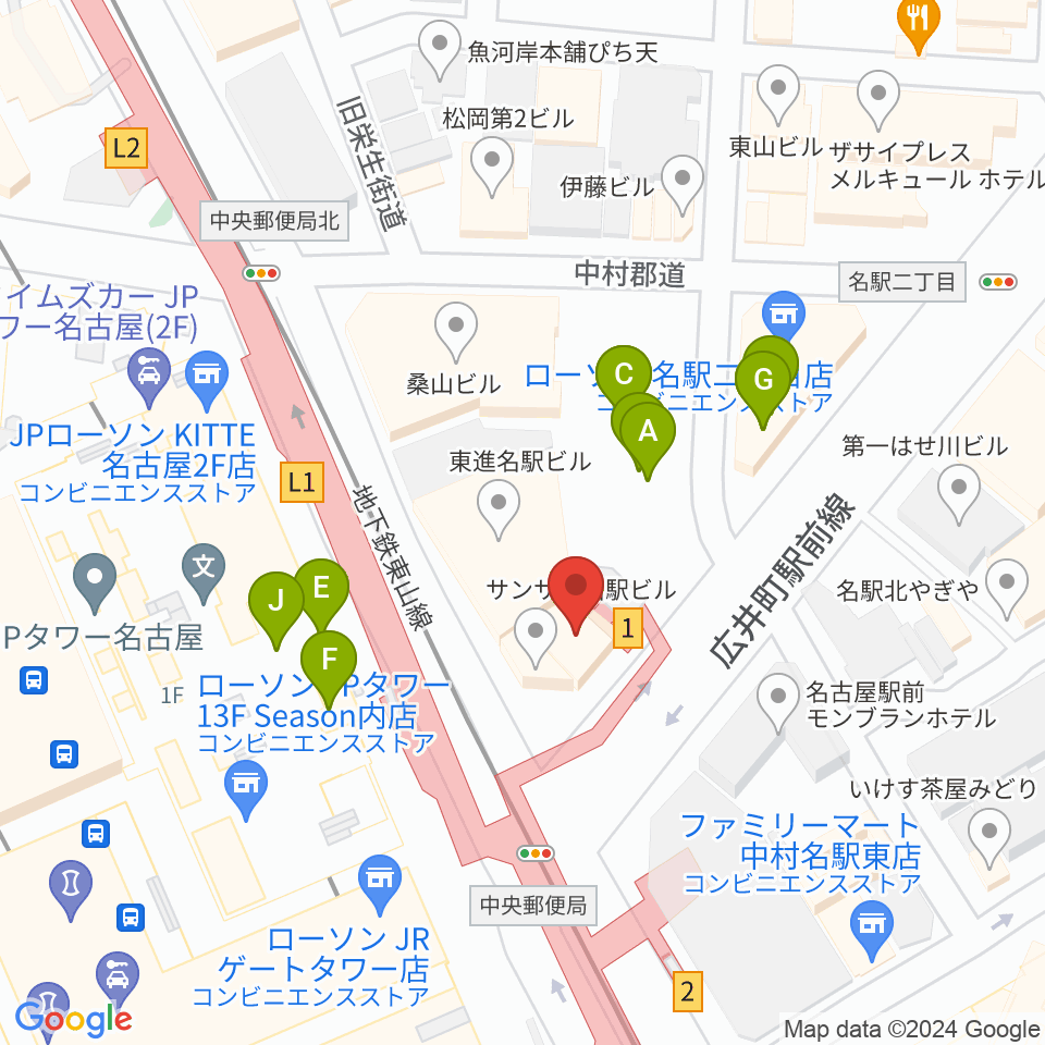 シアーミュージック名駅校周辺のファミレス・ファーストフード一覧地図