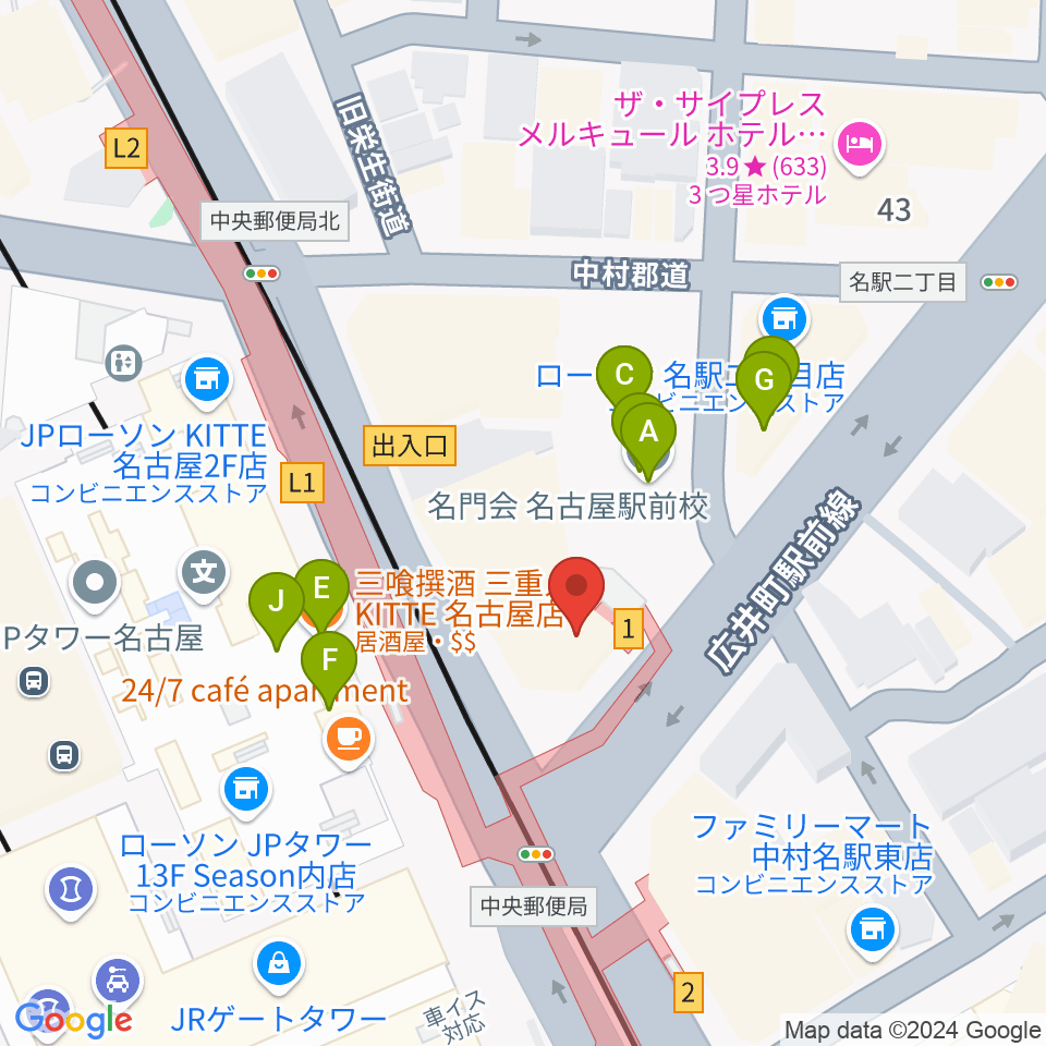 シアーミュージック名駅校周辺のファミレス・ファーストフード一覧地図