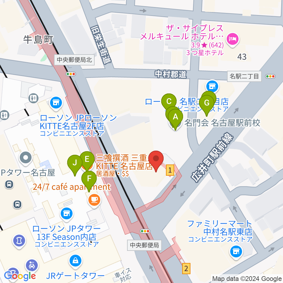 シアーミュージック名駅校周辺のファミレス・ファーストフード一覧地図