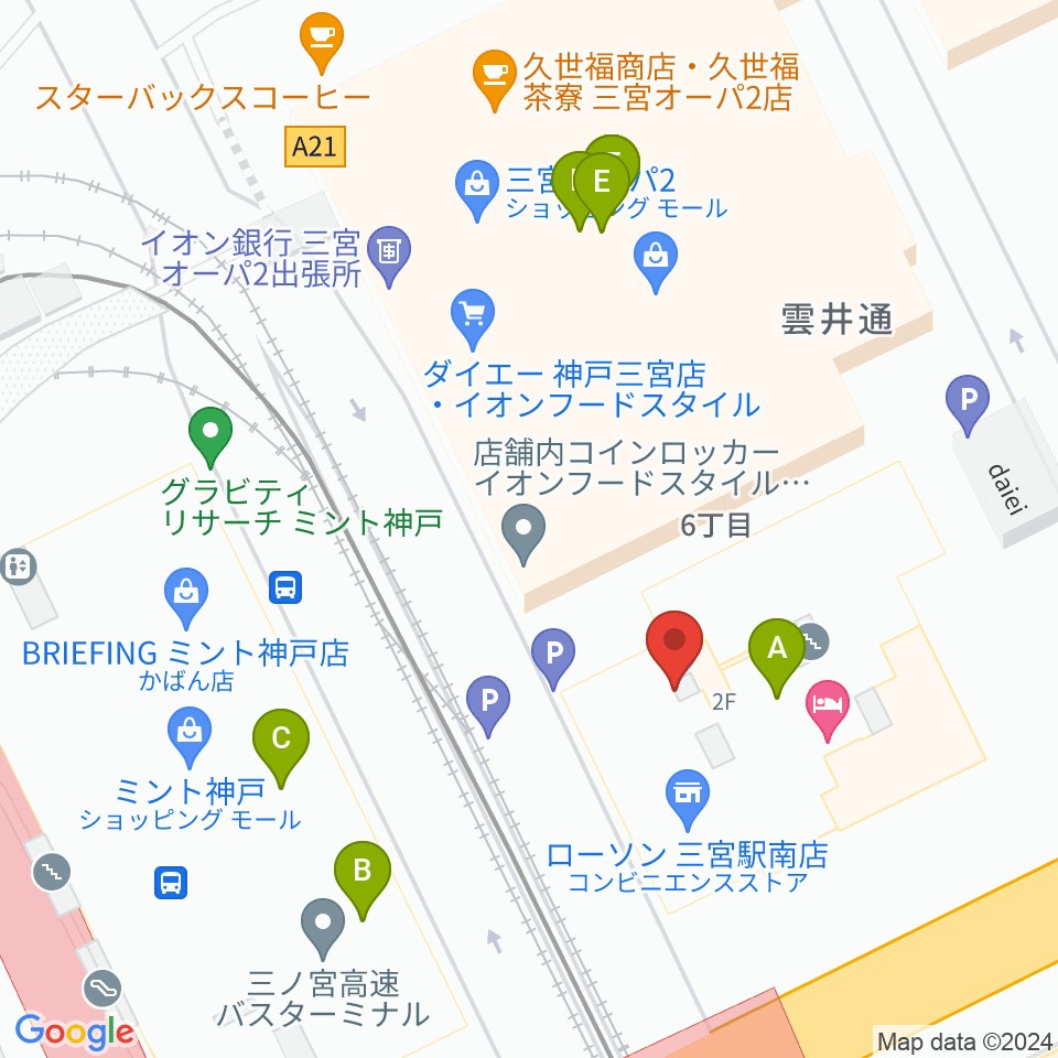 シアーミュージック 三宮校周辺のファミレス・ファーストフード一覧地図