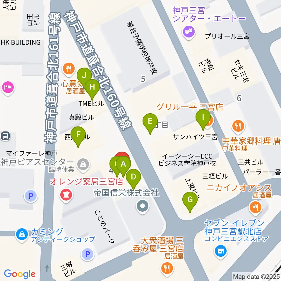 シアーミュージック 三宮校周辺のファミレス・ファーストフード一覧地図