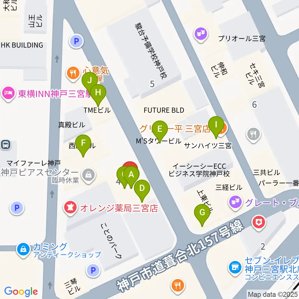 シアーミュージック 三宮校周辺のファミレス・ファーストフード一覧地図