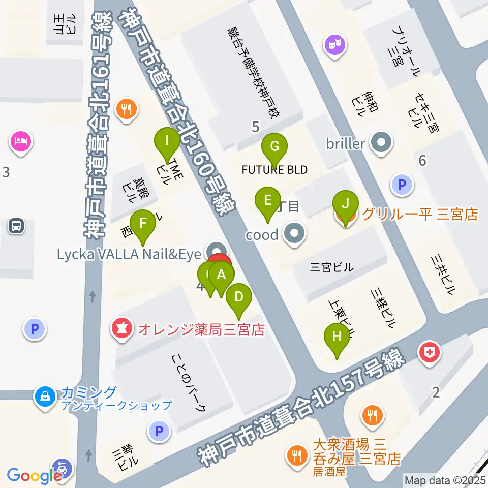 シアーミュージック 三宮校周辺のファミレス・ファーストフード一覧地図