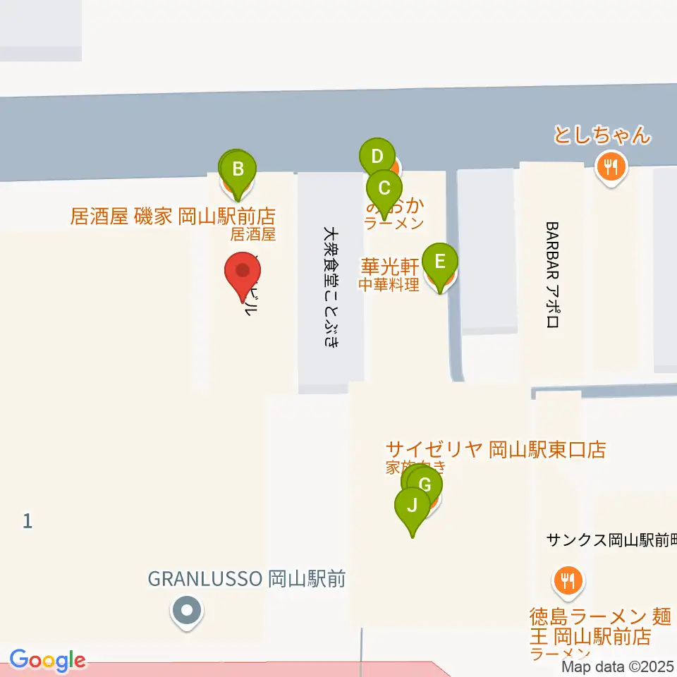 シアーミュージック 岡山校周辺のファミレス・ファーストフード一覧地図