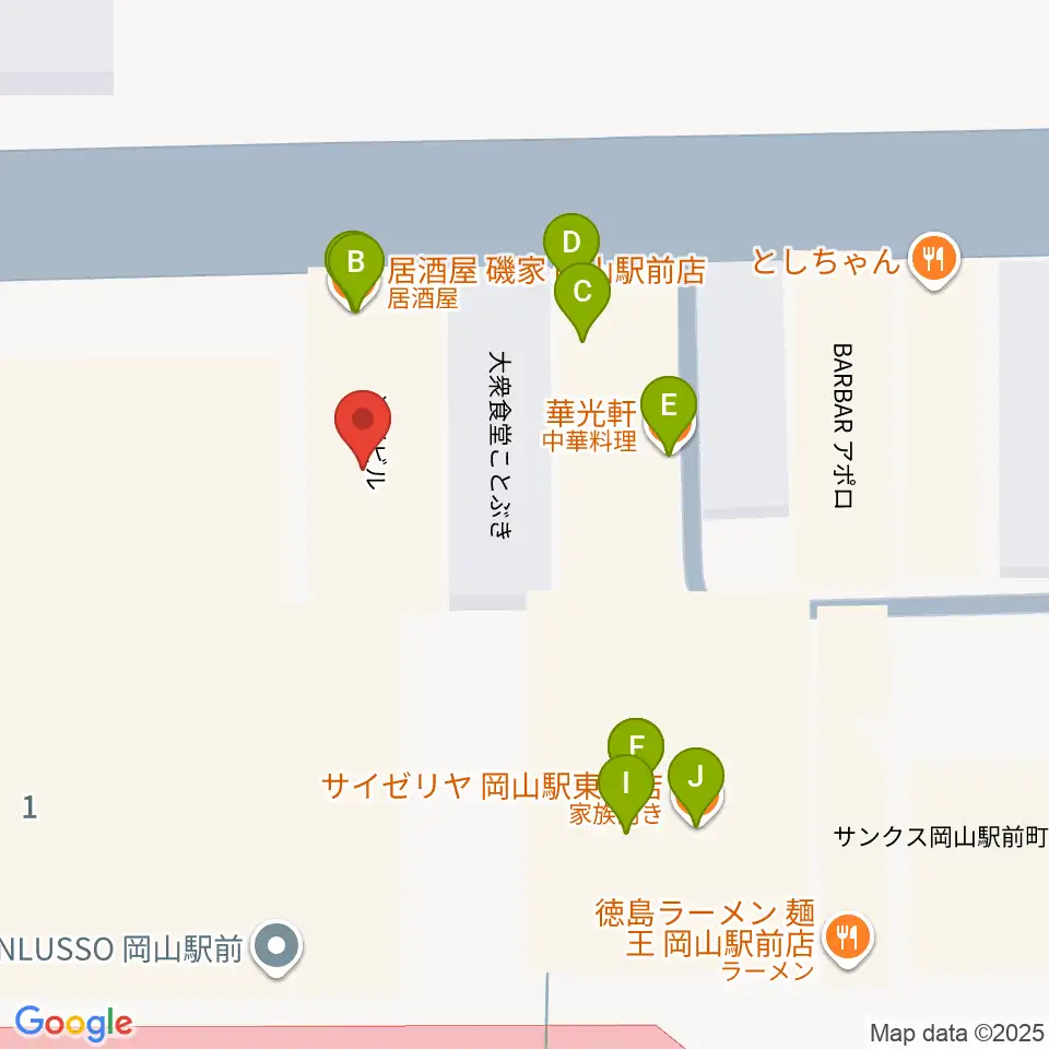 シアーミュージック 岡山校周辺のファミレス・ファーストフード一覧地図