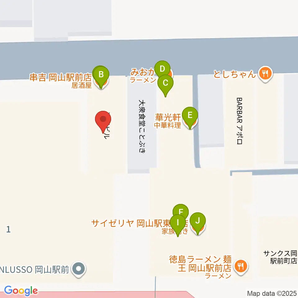 シアーミュージック 岡山校周辺のファミレス・ファーストフード一覧地図