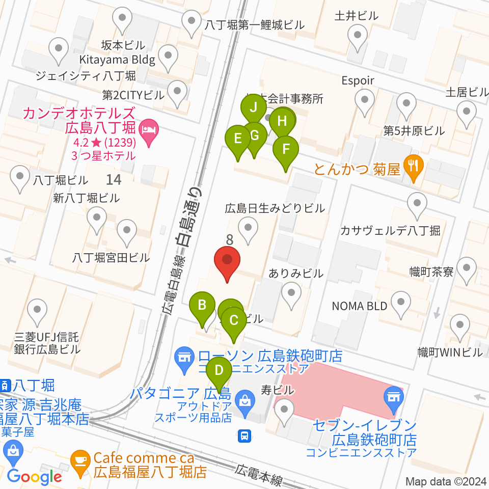 シアーミュージック 広島校周辺のファミレス・ファーストフード一覧地図