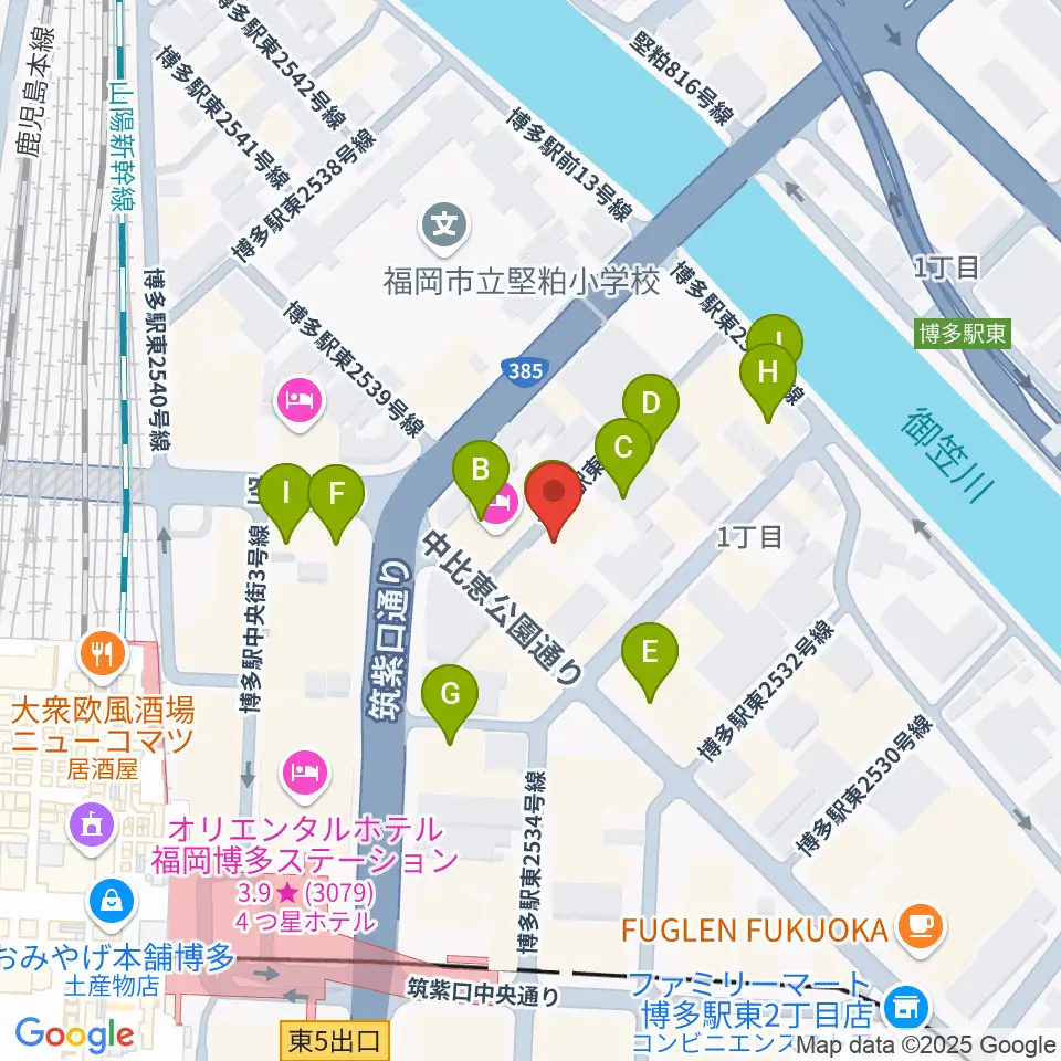 シアーミュージック 博多校周辺のファミレス・ファーストフード一覧地図