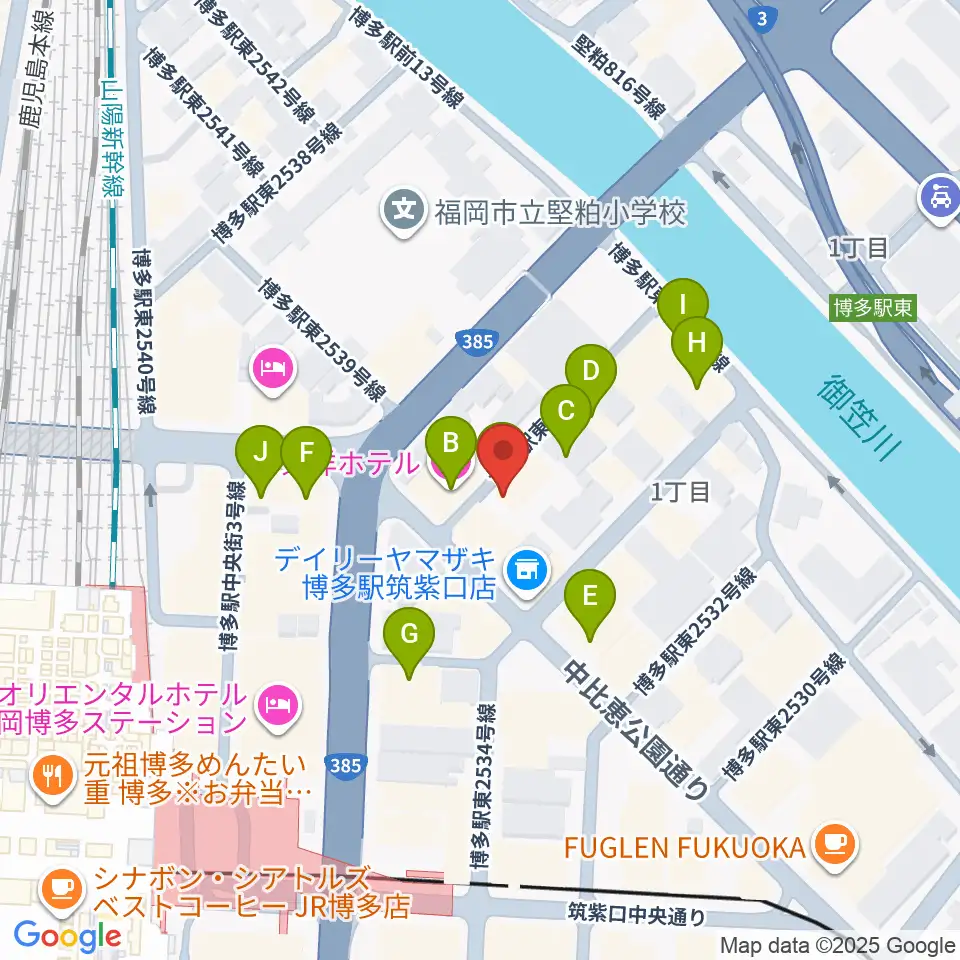 シアーミュージック 博多校周辺のファミレス・ファーストフード一覧地図