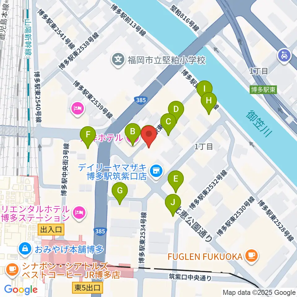 シアーミュージック 博多校周辺のファミレス・ファーストフード一覧地図