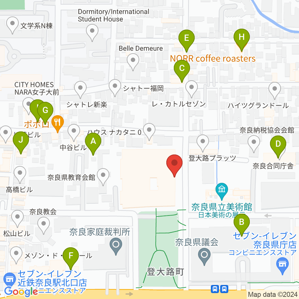 奈良県文化会館周辺のファミレス・ファーストフード一覧地図