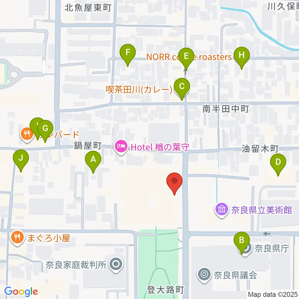 奈良県文化会館周辺のファミレス・ファーストフード一覧地図