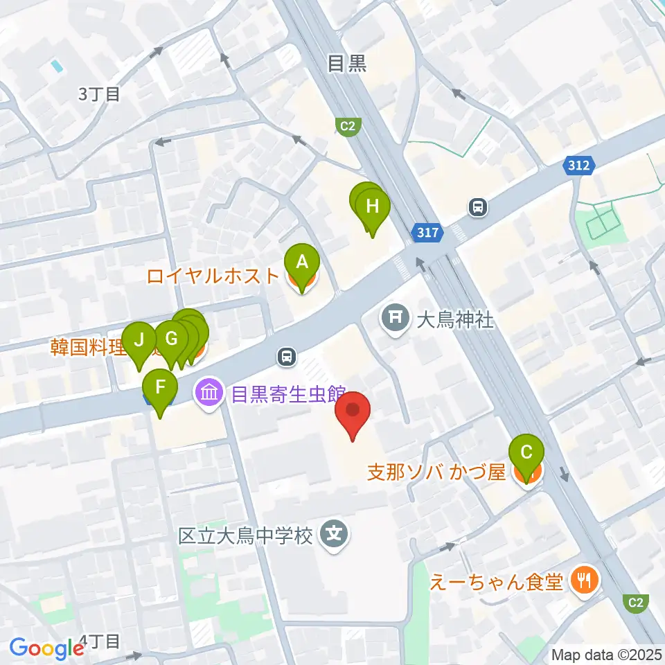 ヤマハ目黒センター周辺のファミレス・ファーストフード一覧地図