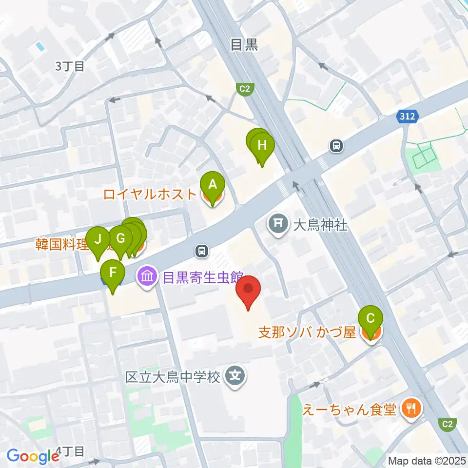 ヤマハ目黒センター周辺のファミレス・ファーストフード一覧地図