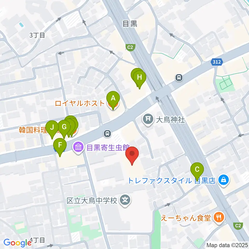 ヤマハ目黒センター周辺のファミレス・ファーストフード一覧地図