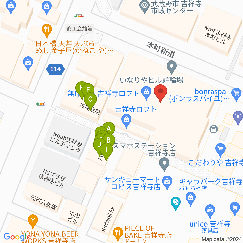 宮地楽器 吉祥寺センター周辺のファミレス・ファーストフード一覧地図
