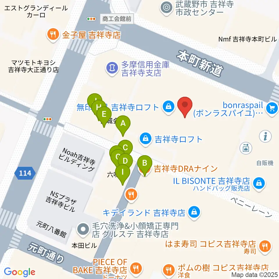宮地楽器 吉祥寺センター周辺のファミレス・ファーストフード一覧地図