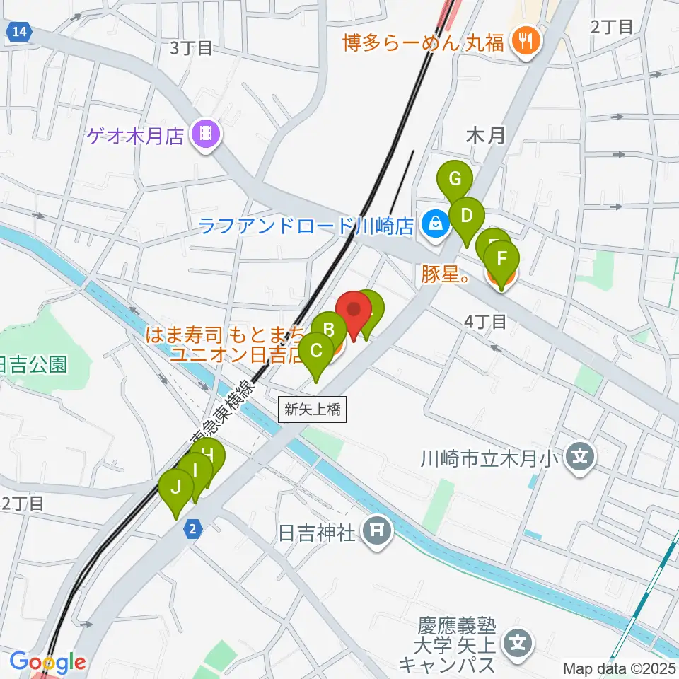 有隣堂 日吉ミュージックセンター周辺のファミレス・ファーストフード一覧地図