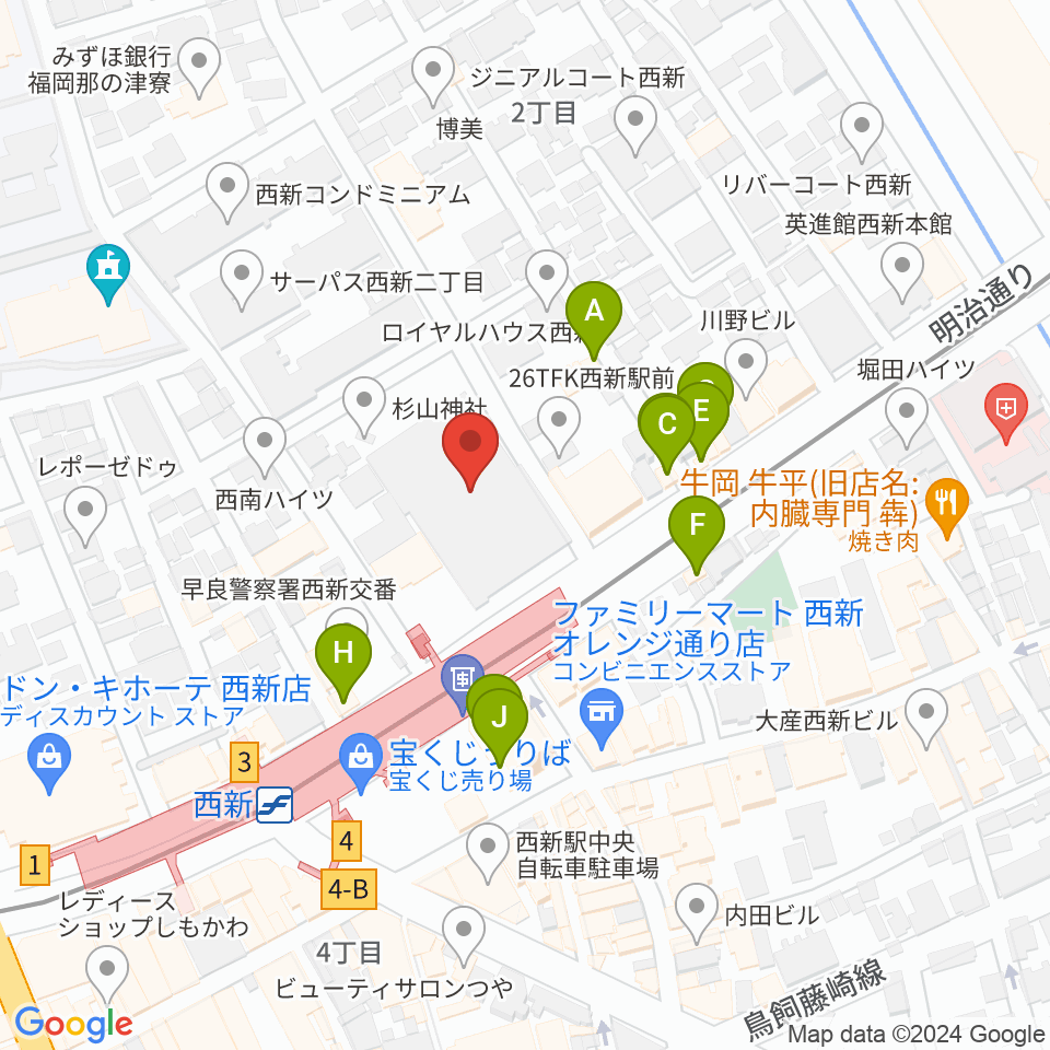 ヤマハ西新センター周辺のファミレス・ファーストフード一覧地図