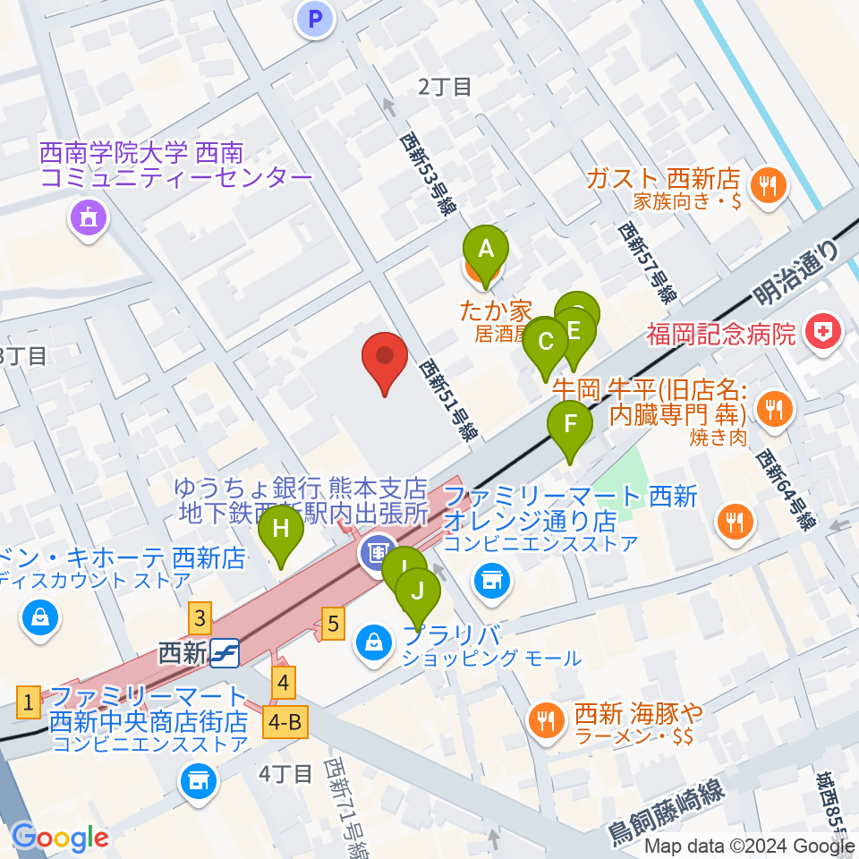 ヤマハ西新センター周辺のファミレス・ファーストフード一覧地図