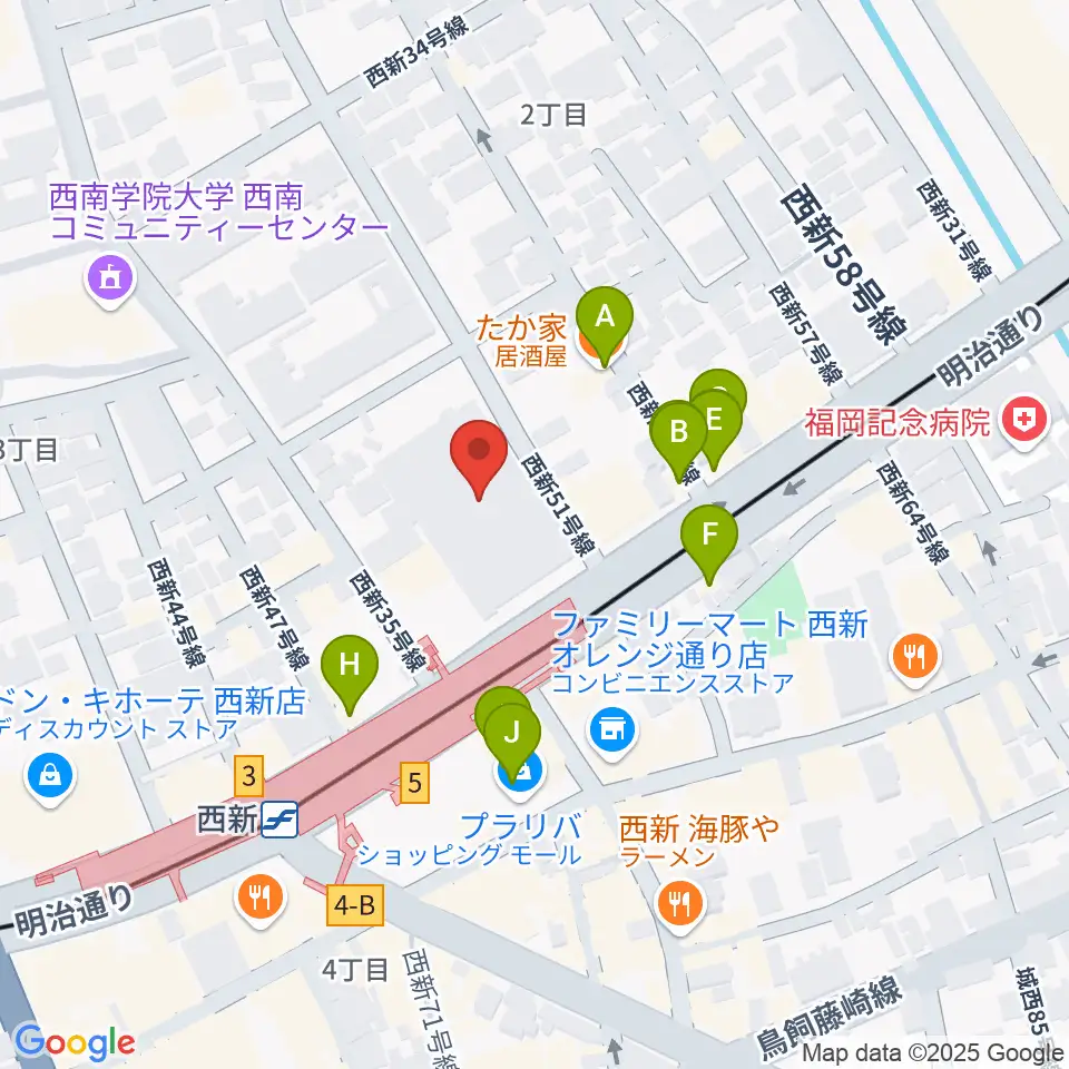 ヤマハ西新センター周辺のファミレス・ファーストフード一覧地図