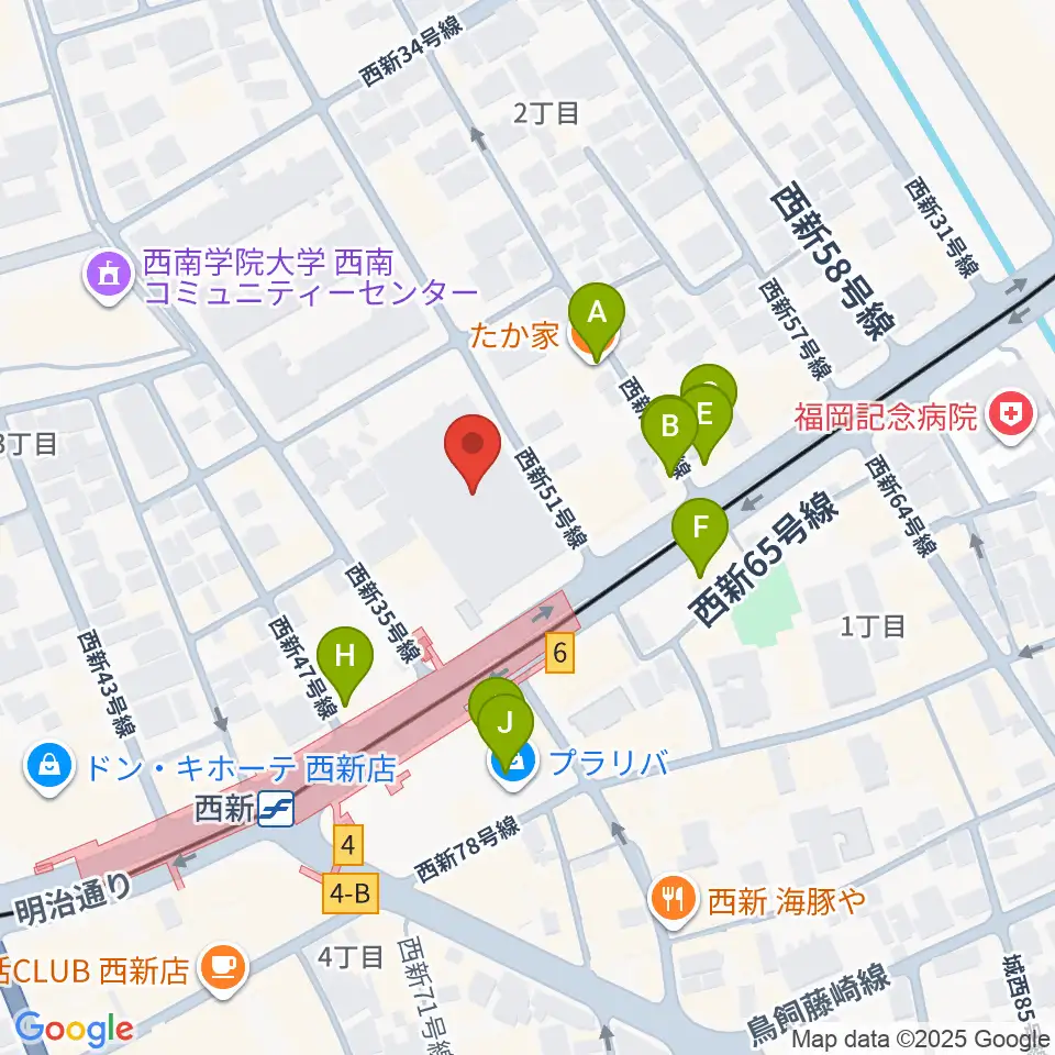 ヤマハ西新センター周辺のファミレス・ファーストフード一覧地図
