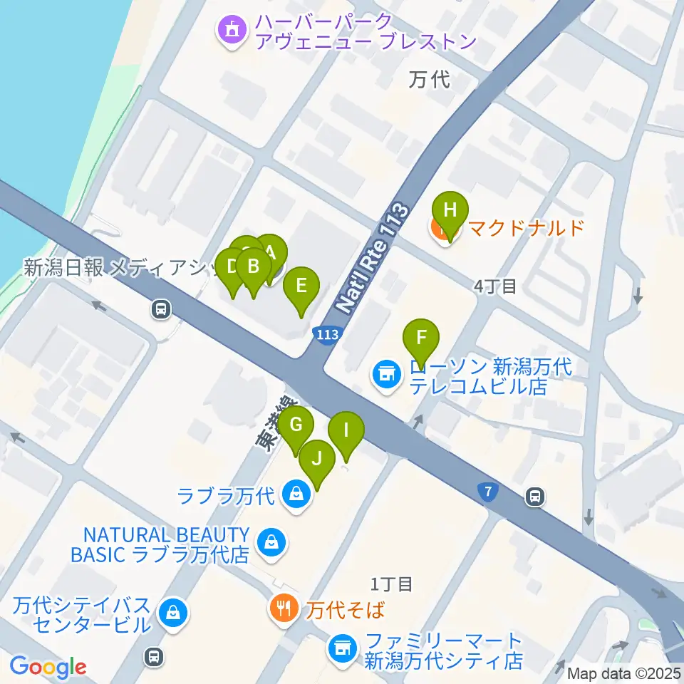 新潟日報メディアシップ 日報ホール周辺のファミレス・ファーストフード一覧地図