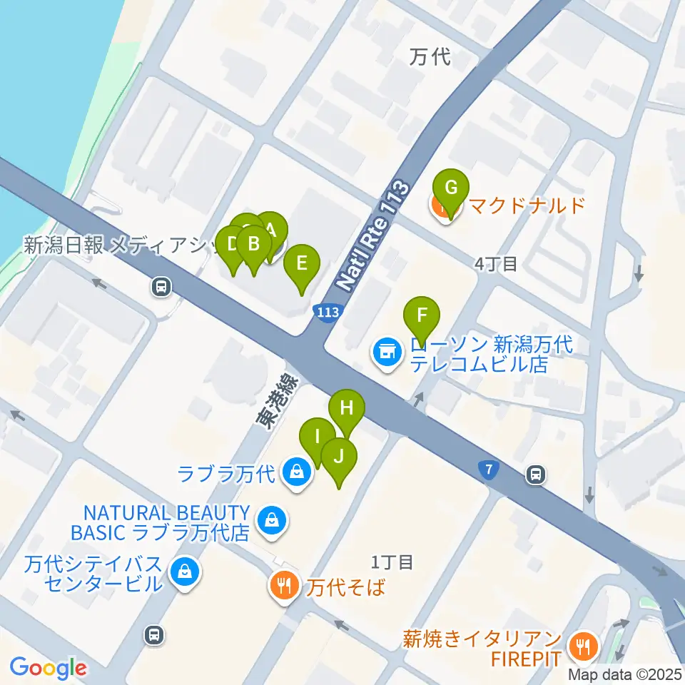 新潟日報メディアシップ 日報ホール周辺のファミレス・ファーストフード一覧地図