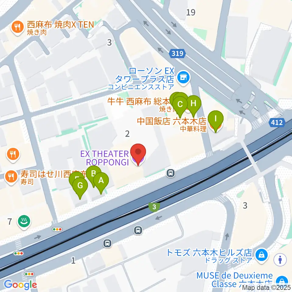 EXシアター六本木周辺のファミレス・ファーストフード一覧地図