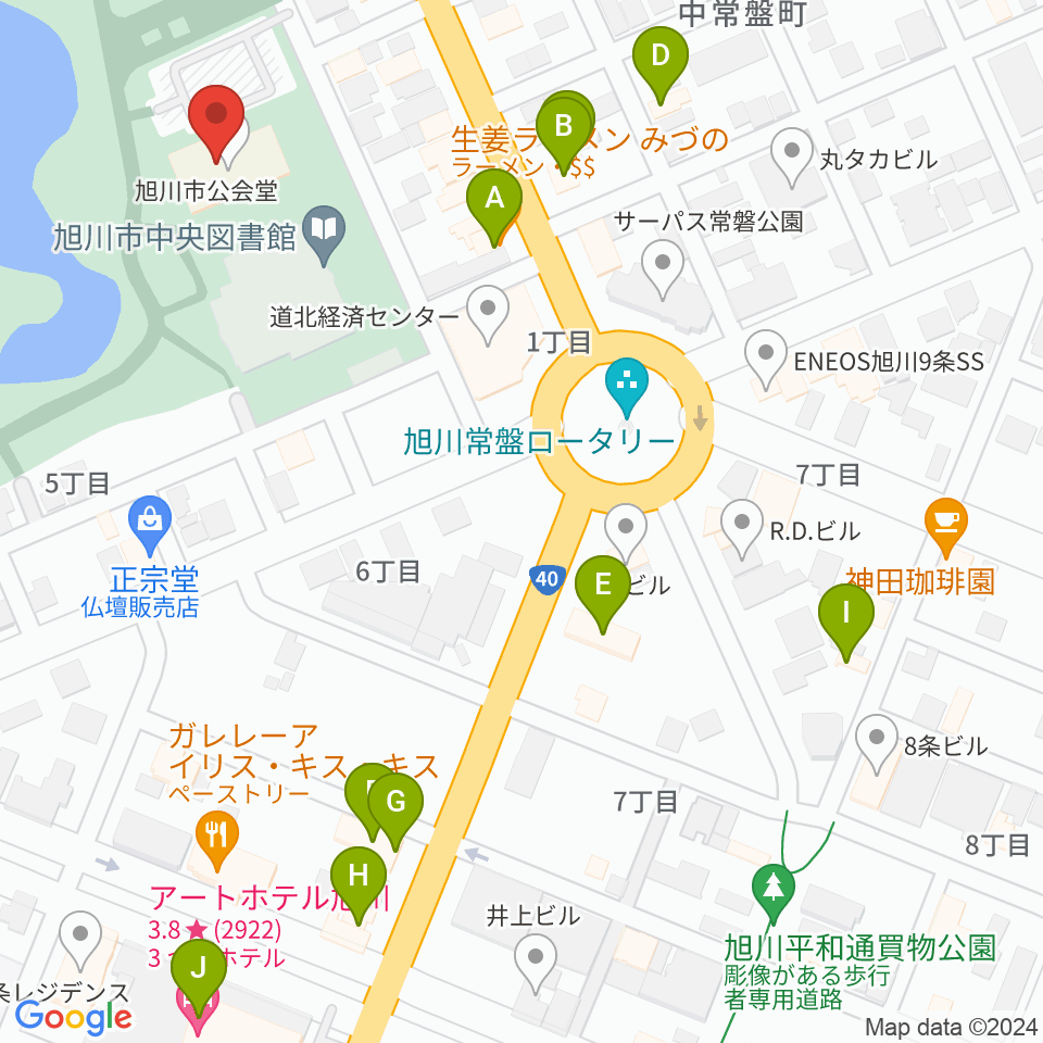 旭川市公会堂周辺のファミレス・ファーストフード一覧地図