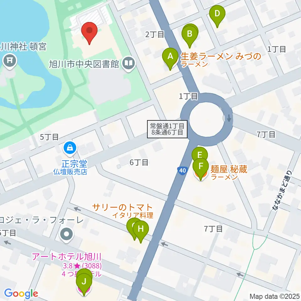 旭川市公会堂周辺のファミレス・ファーストフード一覧地図