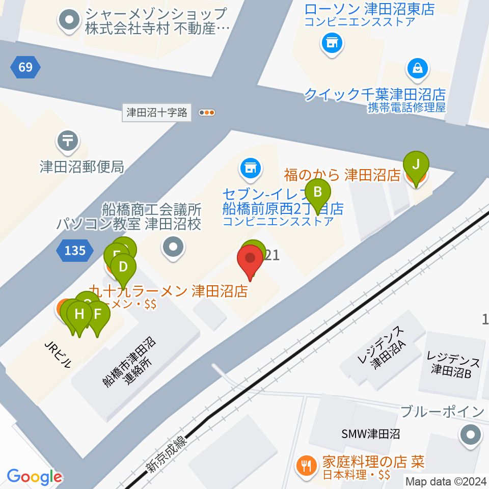 津田沼 Belle Amie周辺のファミレス・ファーストフード一覧地図