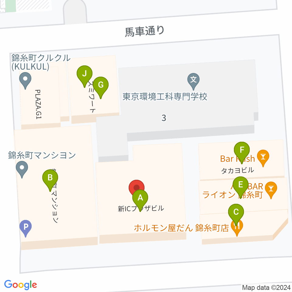 錦糸町ヒューズボックス周辺のファミレス・ファーストフード一覧地図