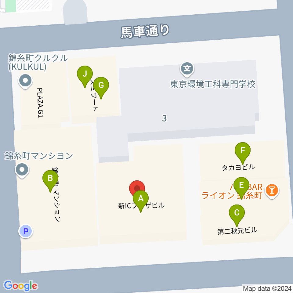 錦糸町ヒューズボックス周辺のファミレス・ファーストフード一覧地図