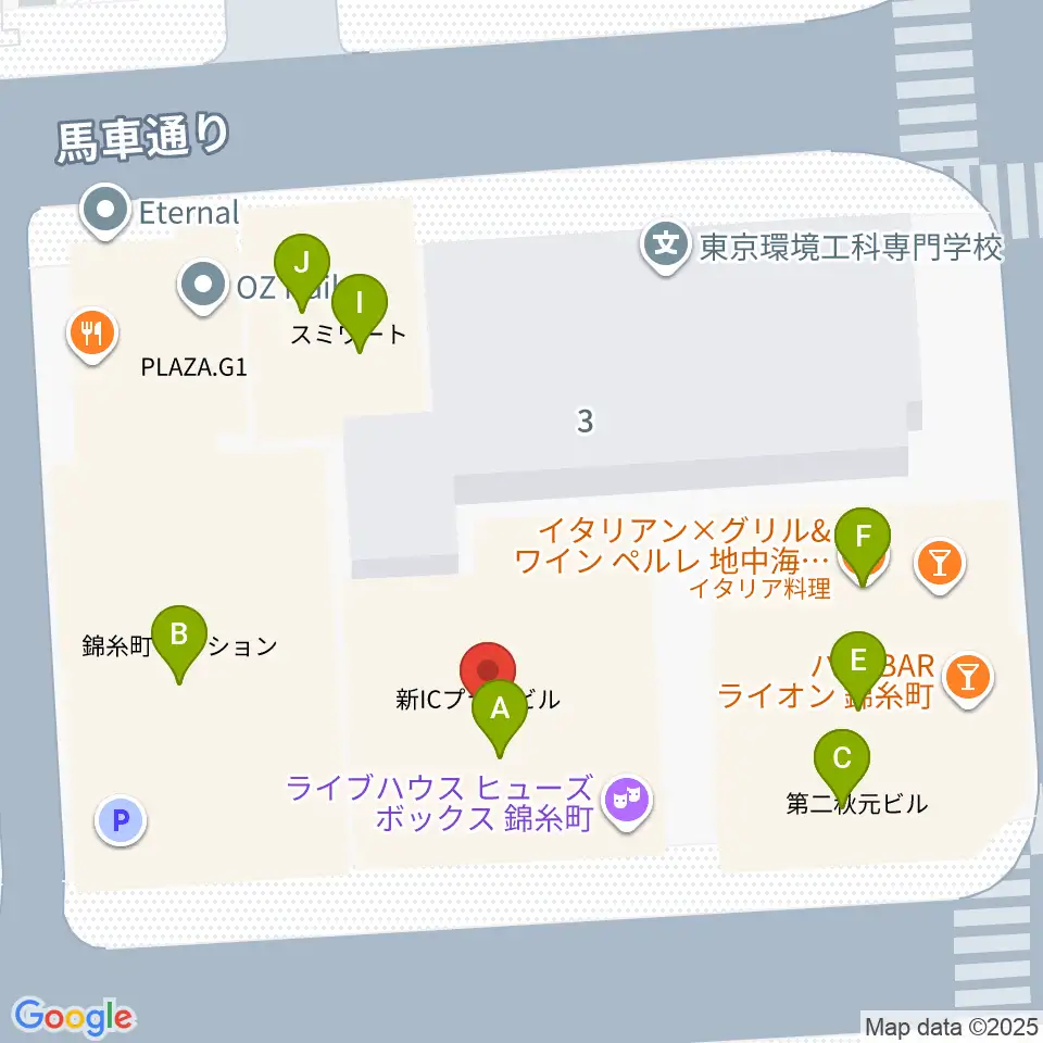 錦糸町ヒューズボックス周辺のファミレス・ファーストフード一覧地図