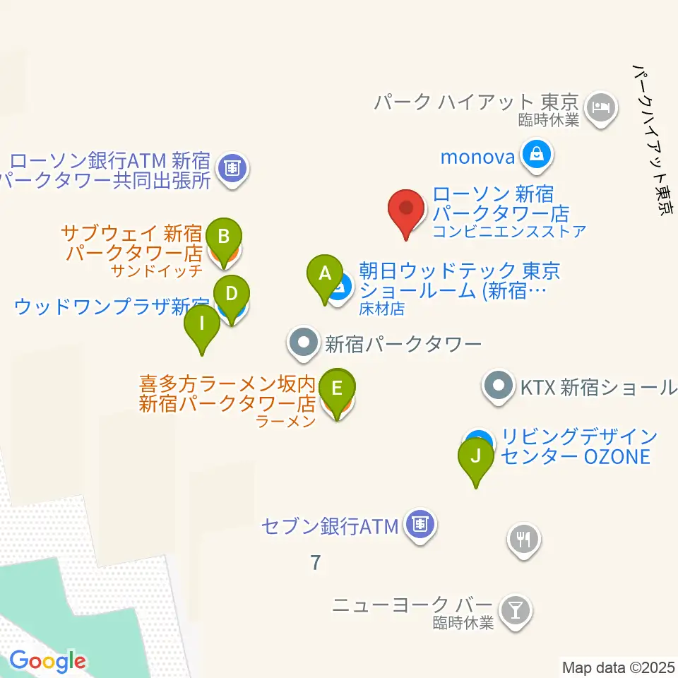 新宿パークタワーホール周辺のファミレス・ファーストフード一覧地図