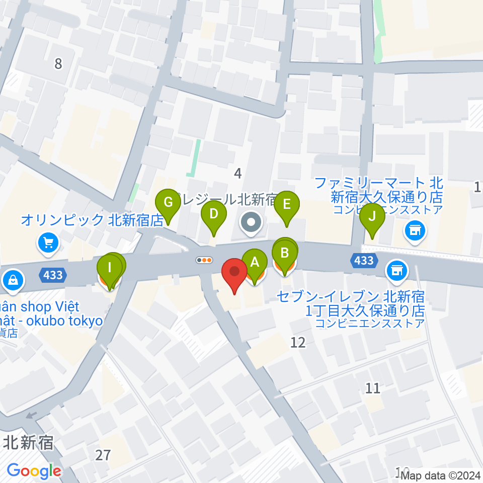 大久保ドルチェビータ周辺のファミレス・ファーストフード一覧地図