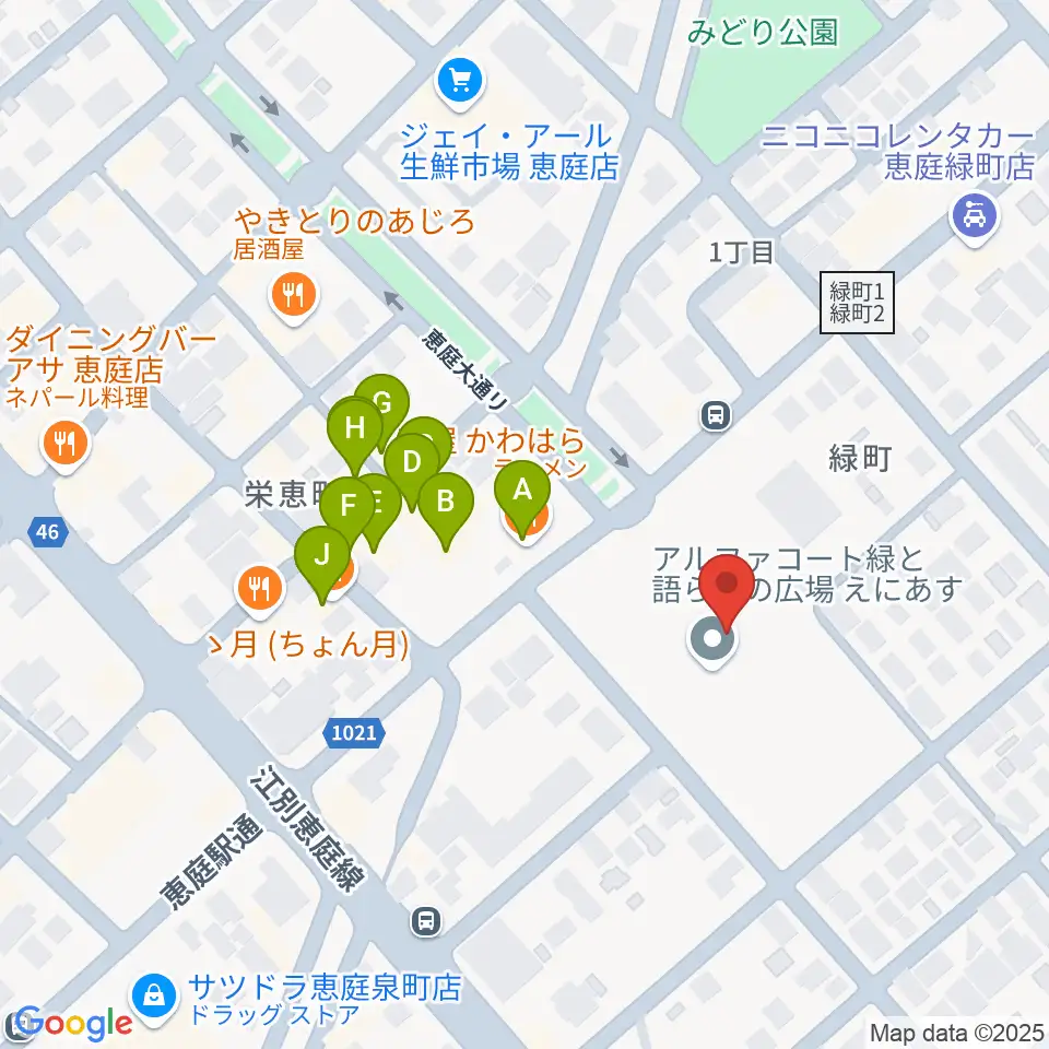 e-niwa（いーにわ）周辺のファミレス・ファーストフード一覧地図