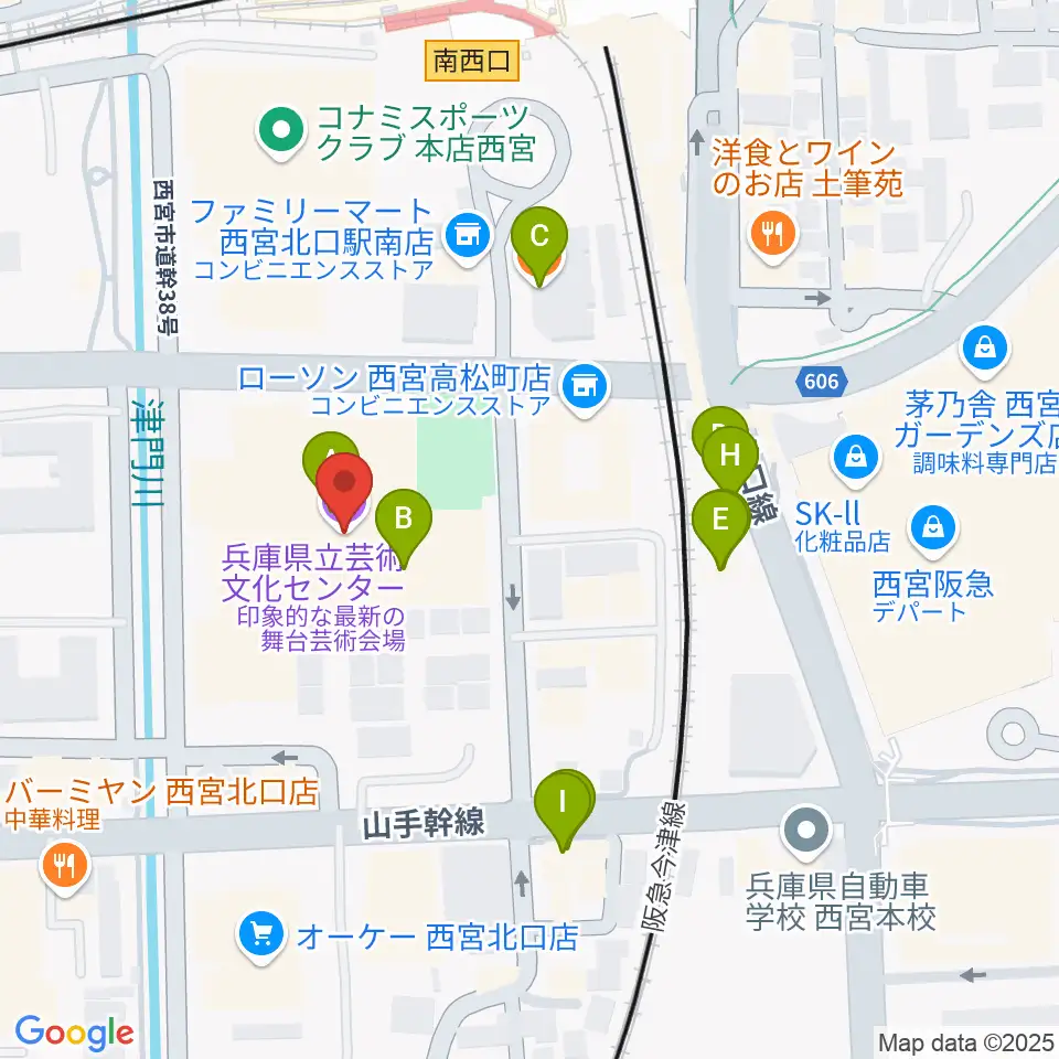 兵庫県立芸術文化センター KOBELCO大ホール周辺のファミレス・ファーストフード一覧地図