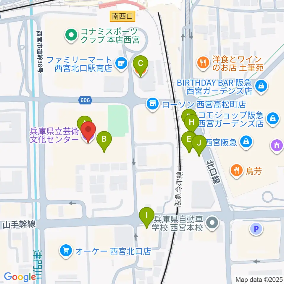 兵庫県立芸術文化センター 阪急中ホール周辺のファミレス・ファーストフード一覧地図