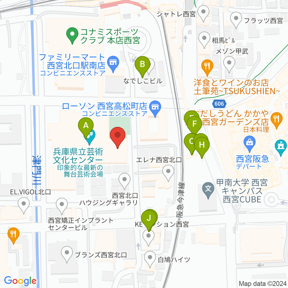 兵庫県立芸術文化センター 神戸女学院小ホール周辺のファミレス・ファーストフード一覧地図