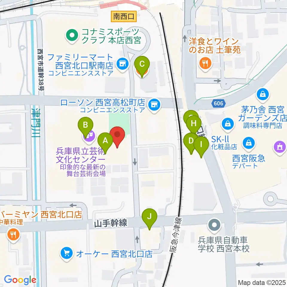 兵庫県立芸術文化センター 神戸女学院小ホール周辺のファミレス・ファーストフード一覧地図