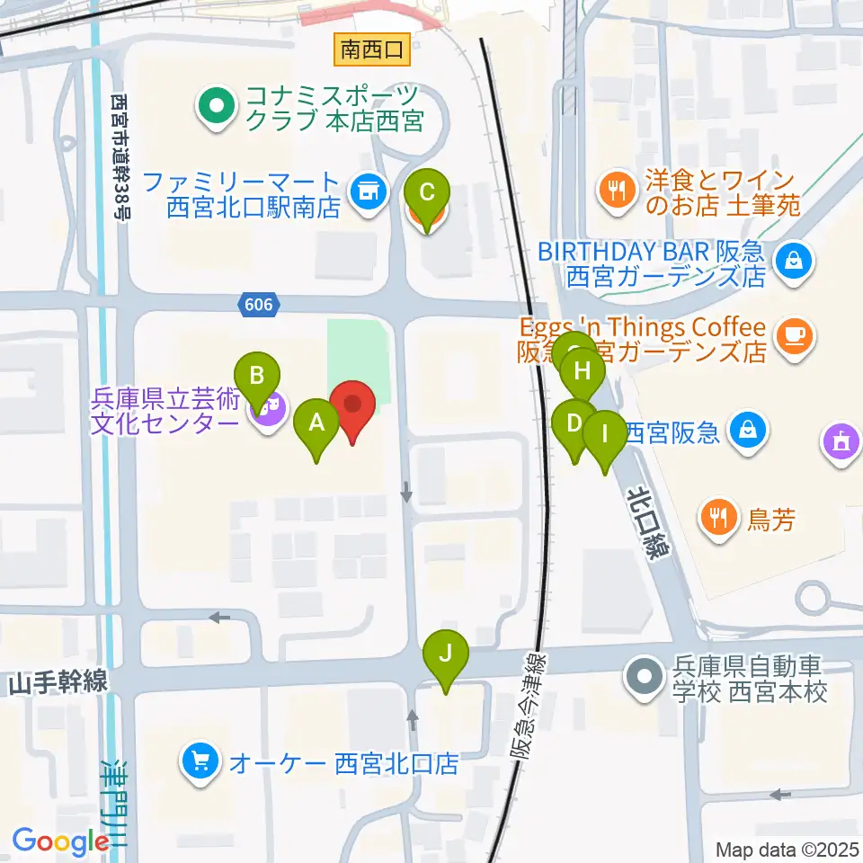 兵庫県立芸術文化センター 神戸女学院小ホール周辺のファミレス・ファーストフード一覧地図