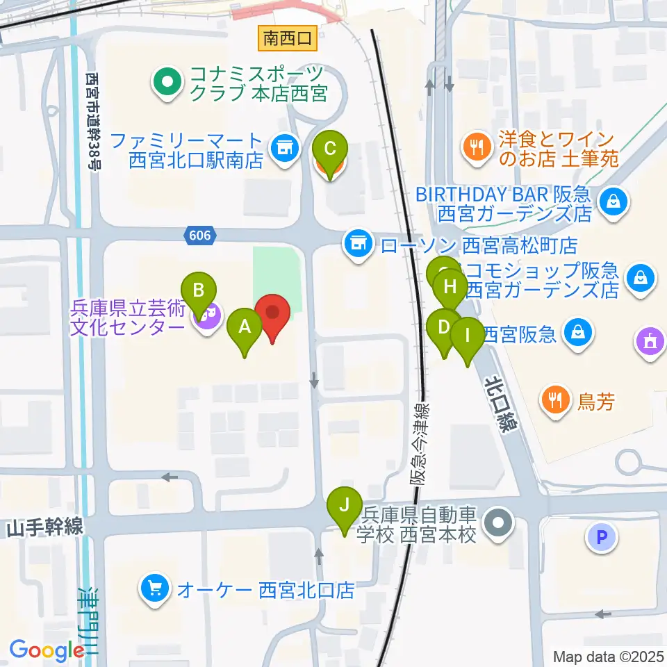 兵庫県立芸術文化センター 神戸女学院小ホール周辺のファミレス・ファーストフード一覧地図
