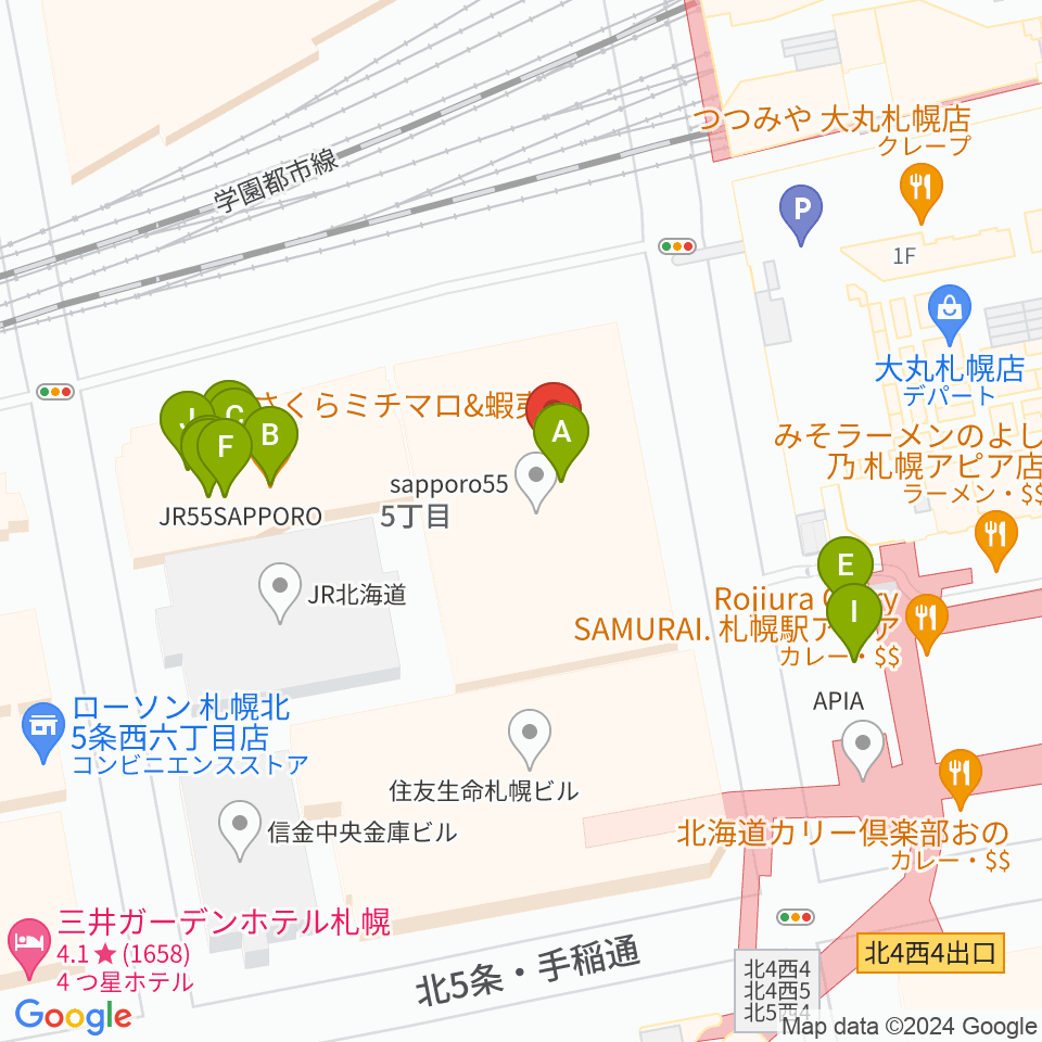 札幌センター ヤマハミュージック周辺のファミレス・ファーストフード一覧地図