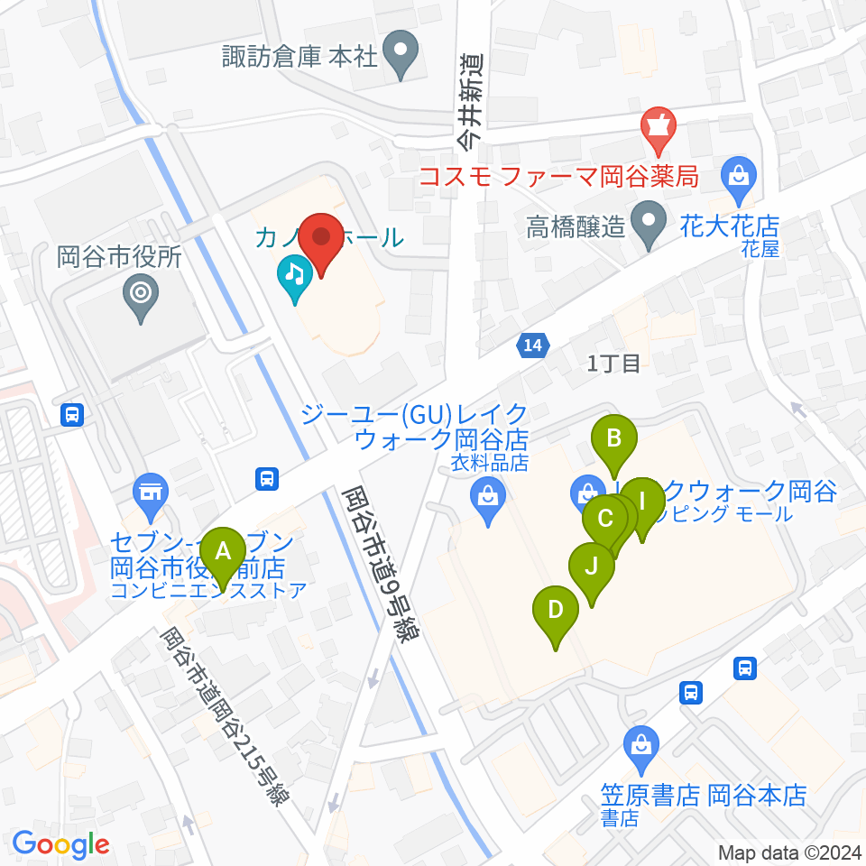 カノラホール 岡谷市文化会館周辺のファミレス・ファーストフード一覧地図