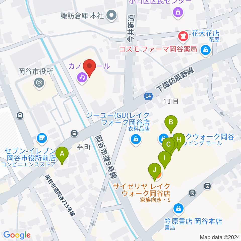 カノラホール 岡谷市文化会館周辺のファミレス・ファーストフード一覧地図